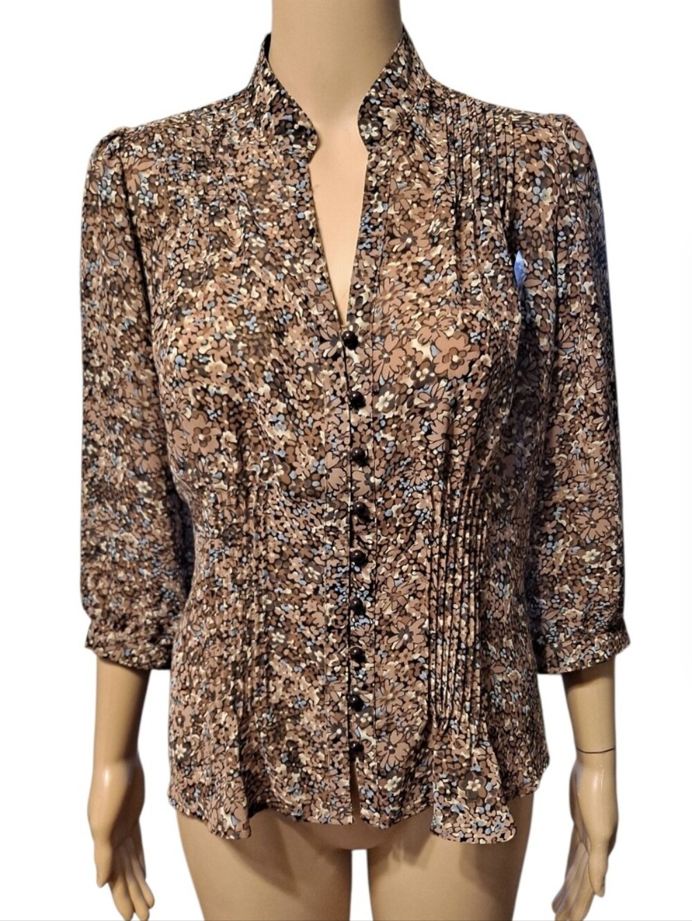 Violet & Claire New York Sheer Brown Floral Pintuck Button-Front Blouse